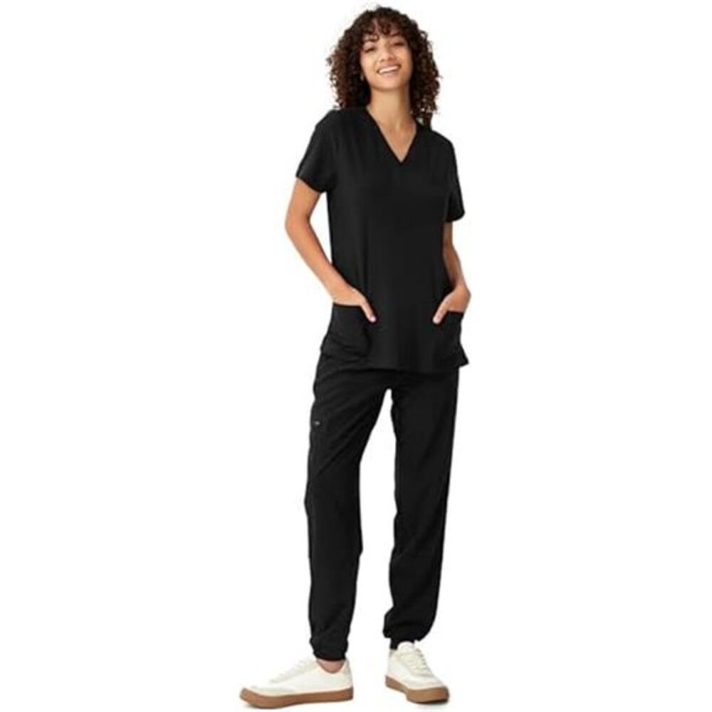 Women's V-Neck Scrubs Top & Cargo Pants Set, 10 Pockets, Yoga Waistband, 4 Way